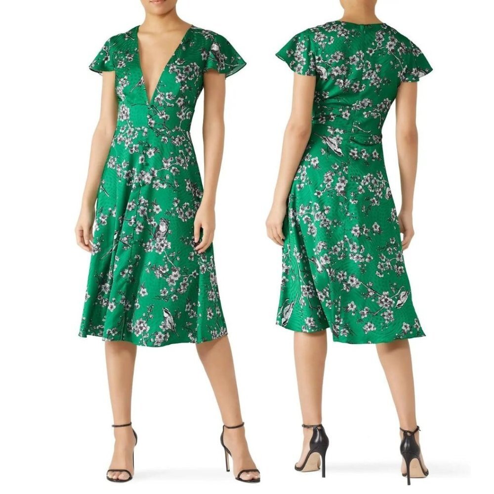 Hutch Sylvia Dress Green Floral Printed Satin Cap Sleeves V-Neckline S 4